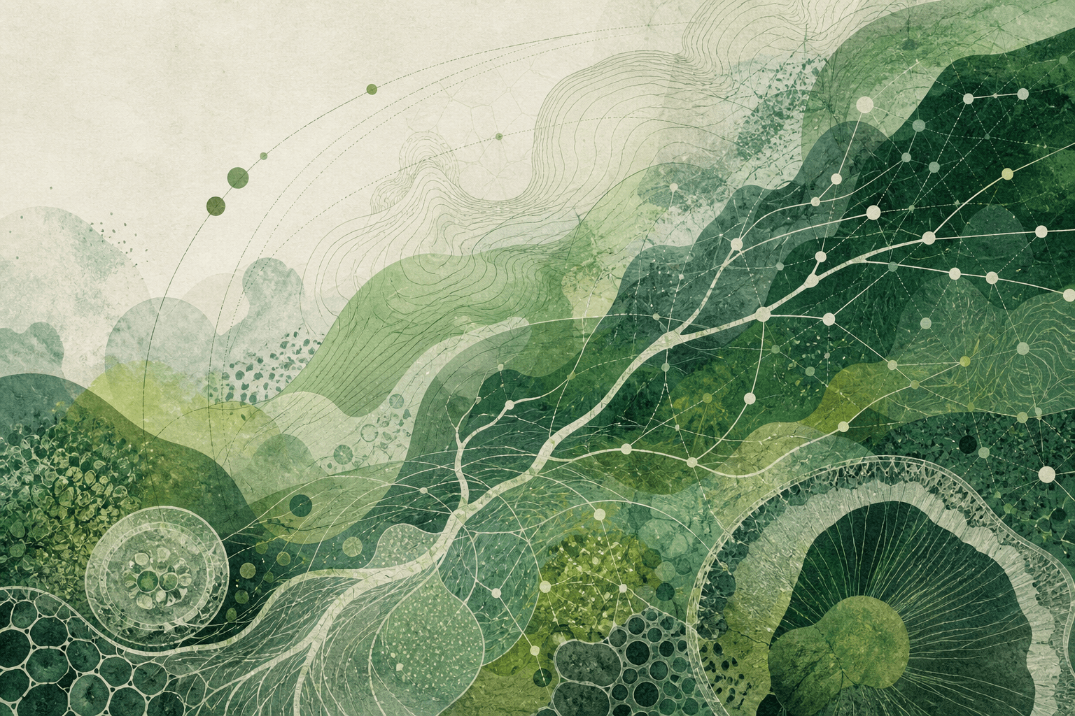 Abstract scientific atlas of branching paths, contour fields, and cellular forms